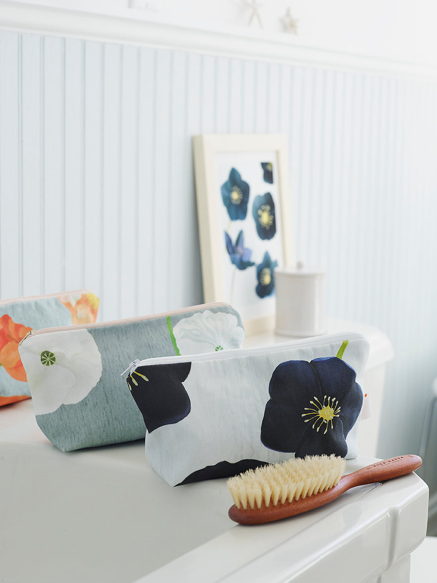 Makeup Bag: White Poppies on Grey