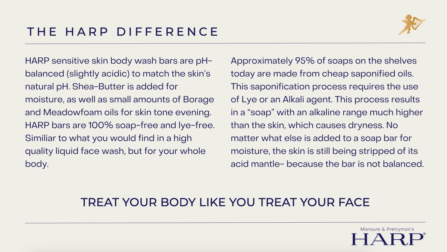 HARP pH-Balanced Body Wash Bar - Exceptionally Gentle For Dry or Sensitive Skin + Shea Butter-Borage oil- Meadowfoam | Non-Comedogenic | Soap-Free, Lye-Free. VANILLA LAVENDER FRAGRANCE. 5oz